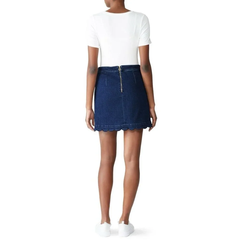Draper James Skirt Womens 8 Blue Dark Jean Denim Mini Scalloped Hem Y2K Girly - Picture 2 of 8
